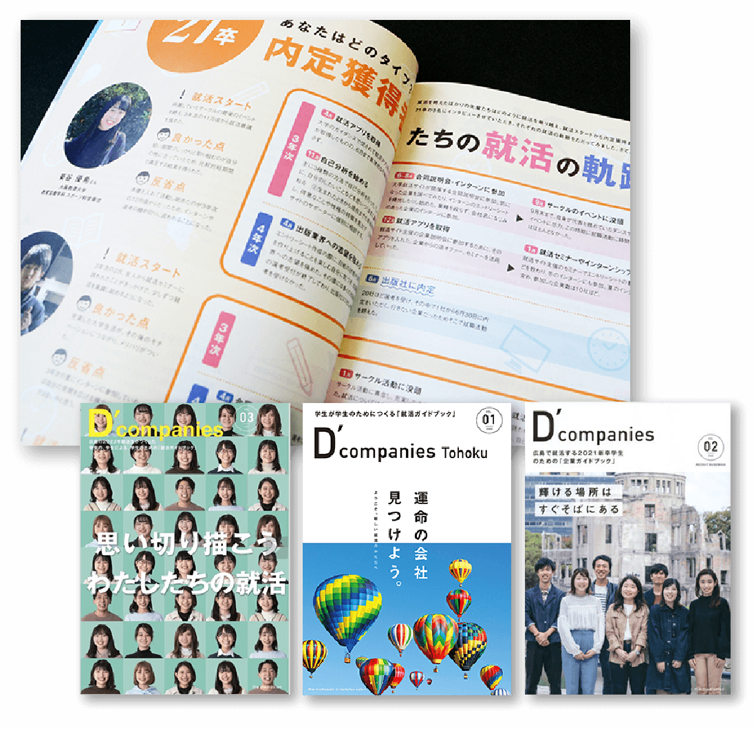 特徴的な事業を行う企業を紹介する『D’companies広島』の中身、３冊の表紙